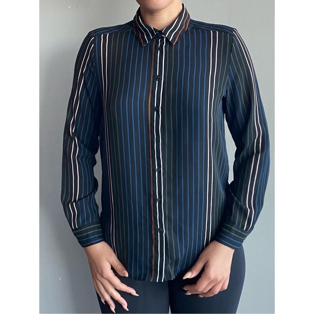 Who What Wear Black Button-Up Shirt with Blue, White and Brown Stripes